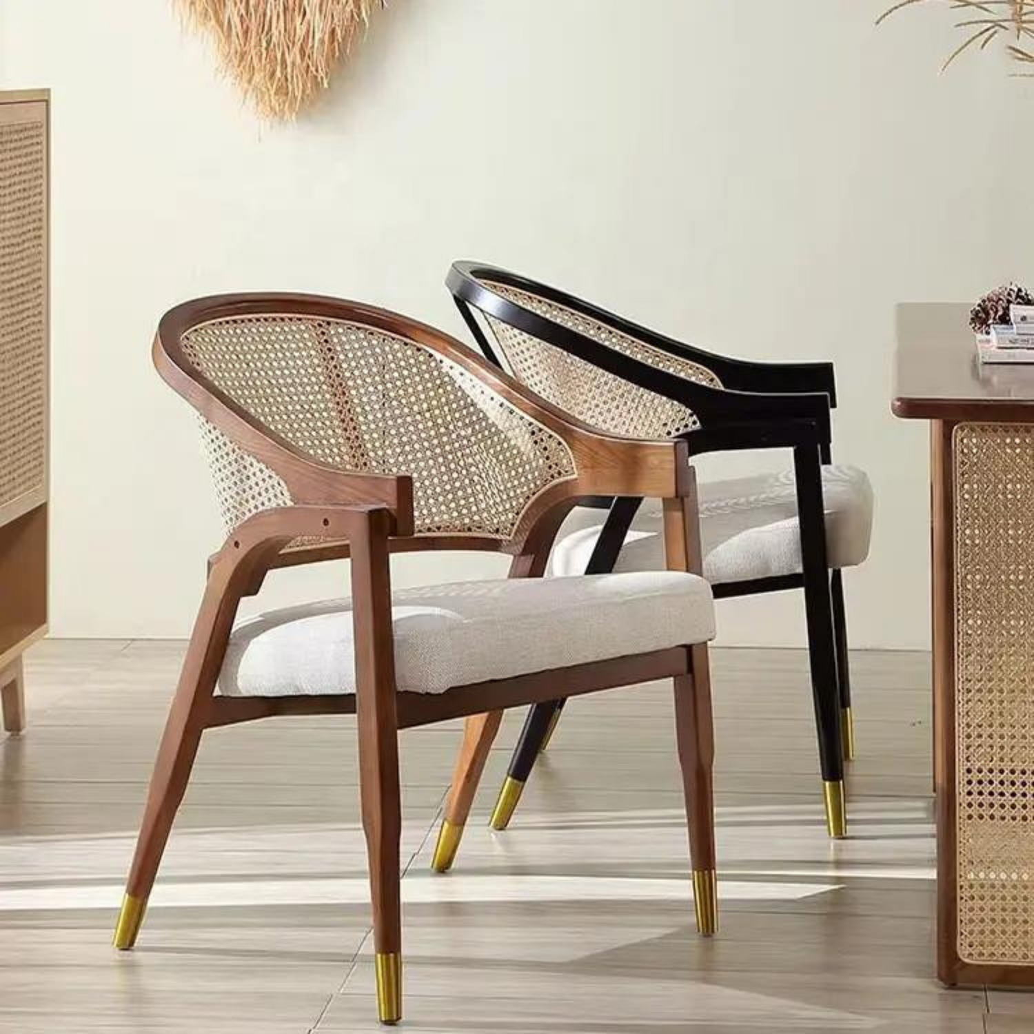 Cavoli Nordic Rattan & Wood Dining Chair | Brown & White Linen - Ready to Ship