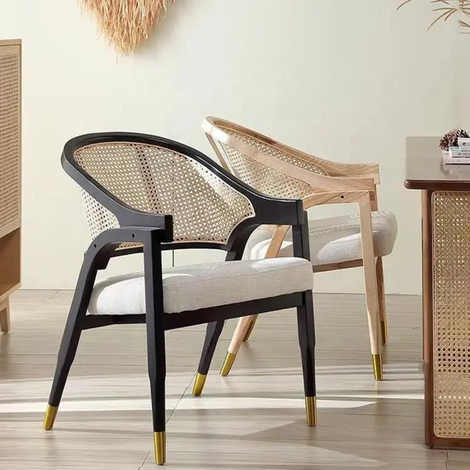 Cavoli Nordic Rattan & Wood Dining Chair | Brown & White Linen - Ready to Ship
