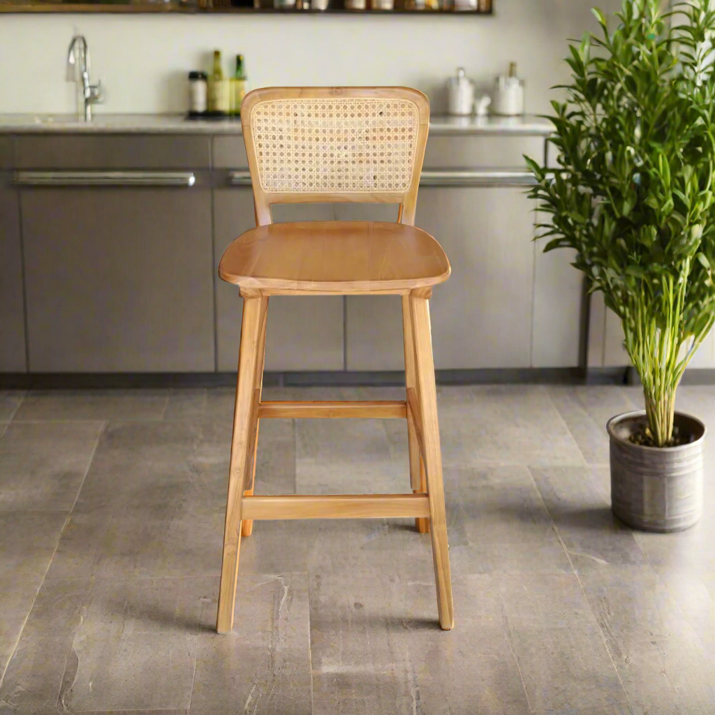 Ayana Rattan &amp; Wood Dining Bar Stool  - Natural Brown Colour -  Ready to Ship