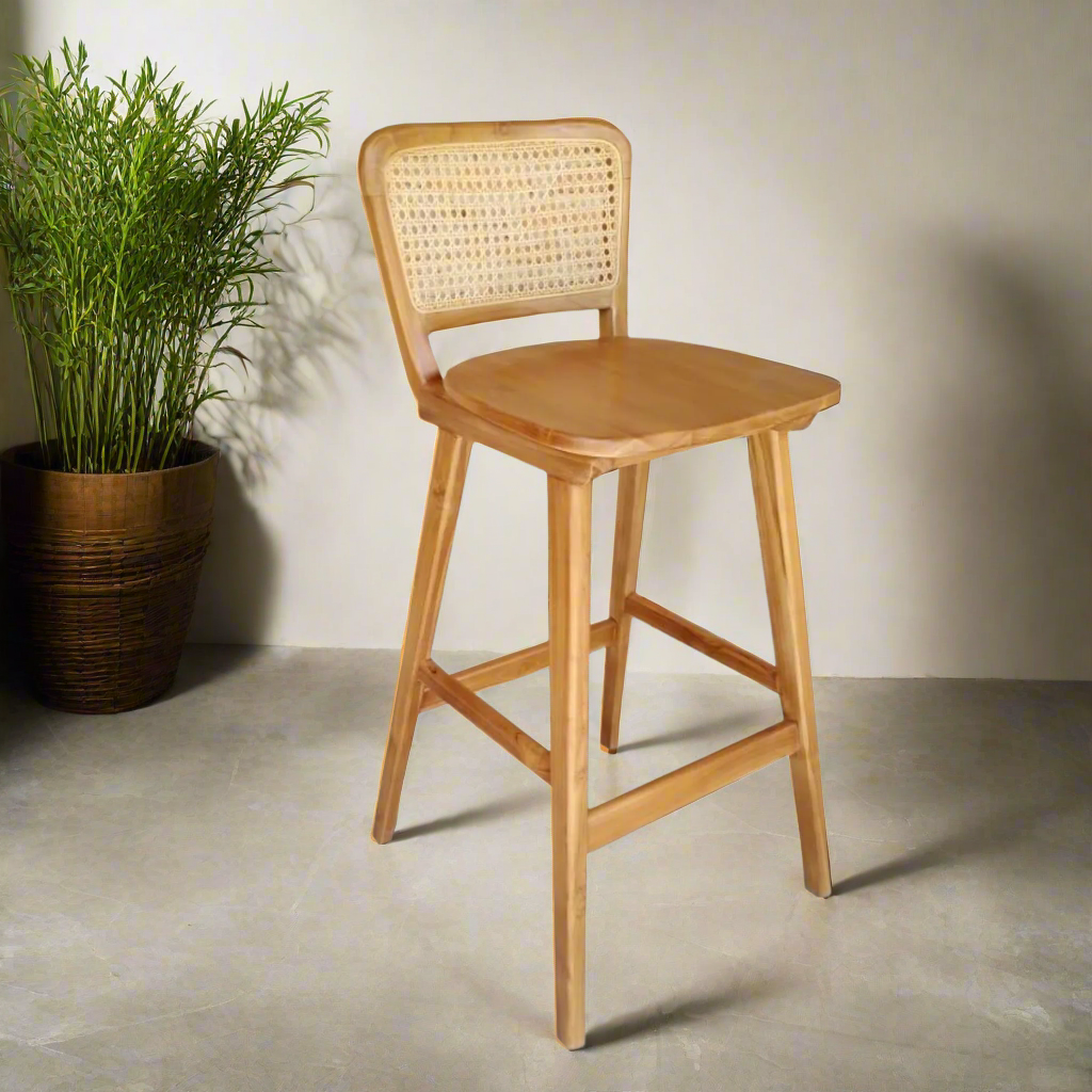Ayana Rattan &amp; Wood Dining Bar Stool  - Natural Brown Colour -  Ready to Ship