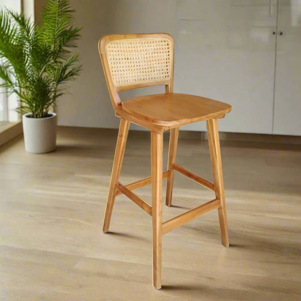 Ayana Rattan &amp; Wood Dining Bar Stool  - Natural Brown Colour -  Ready to Ship