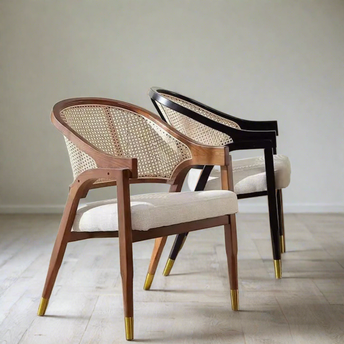 Cavoli Nordic Rattan &amp; Wood Dining Chair | Brown &amp; White Linen - Ready to Ship