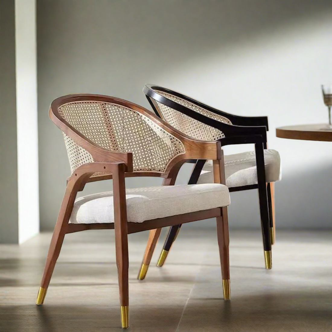 Cavoli Nordic Rattan &amp; Wood Dining Chair | Brown &amp; White Linen - Ready to Ship