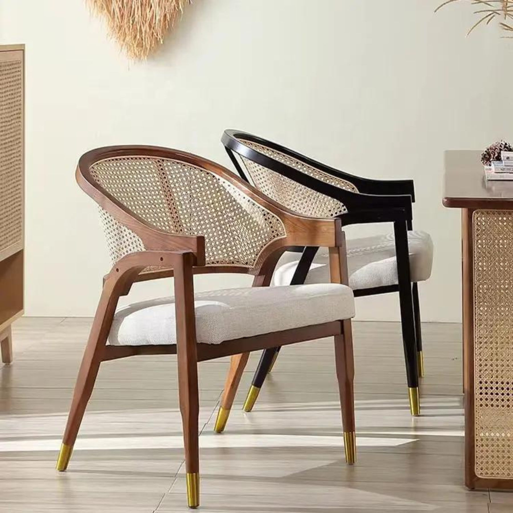 Cavoli Nordic Rattan &amp; Wood Dining Chair | Brown &amp; White Linen - Ready to Ship