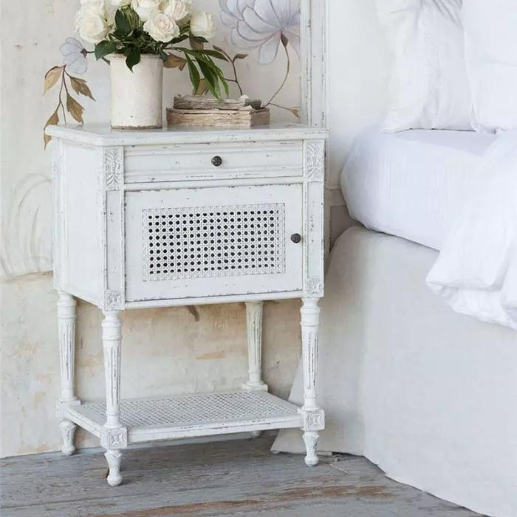 English Heritage Rattan &amp; Wood Bedside Table