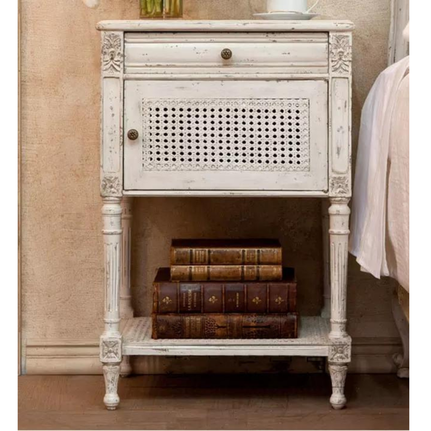 English Heritage Rattan &amp; Wood Bedside Table