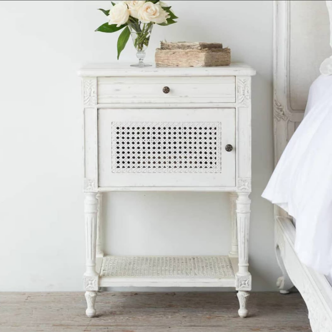 English Heritage Rattan &amp; Wood Bedside Table