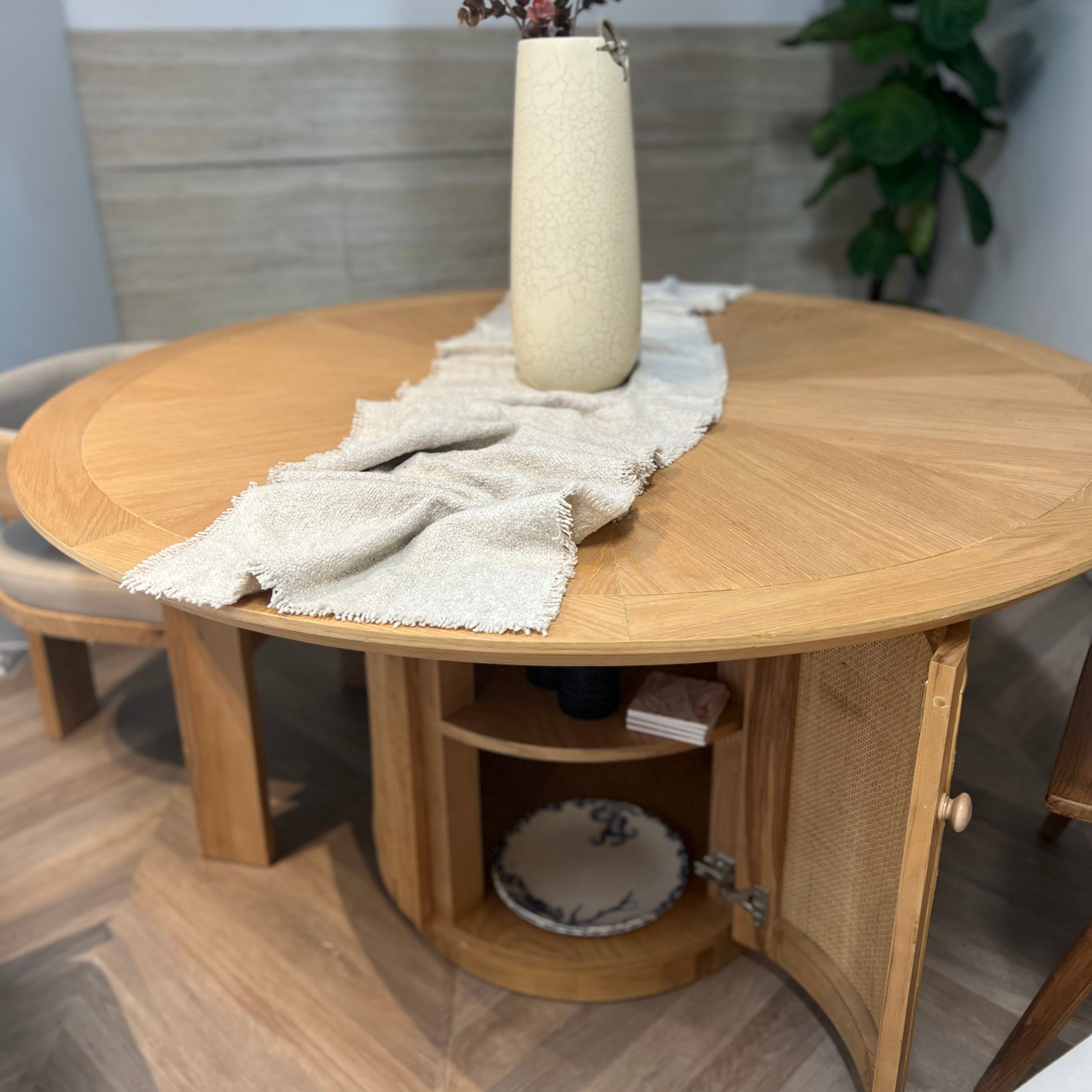 Évora Wood &amp; Rattan Round Dining Table with Storage - Ready to Ship
