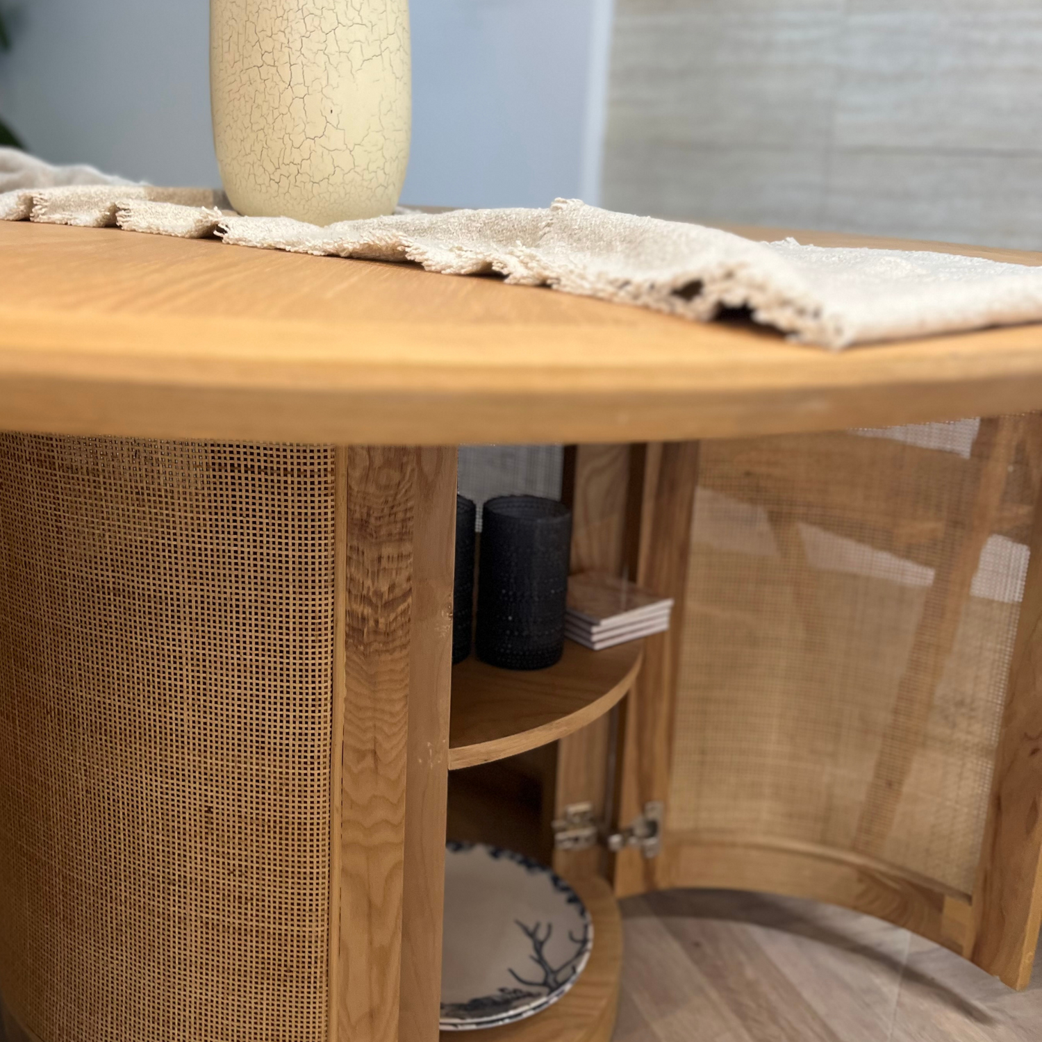 Évora Wood &amp; Rattan Round Dining Table with Storage - Ready to Ship