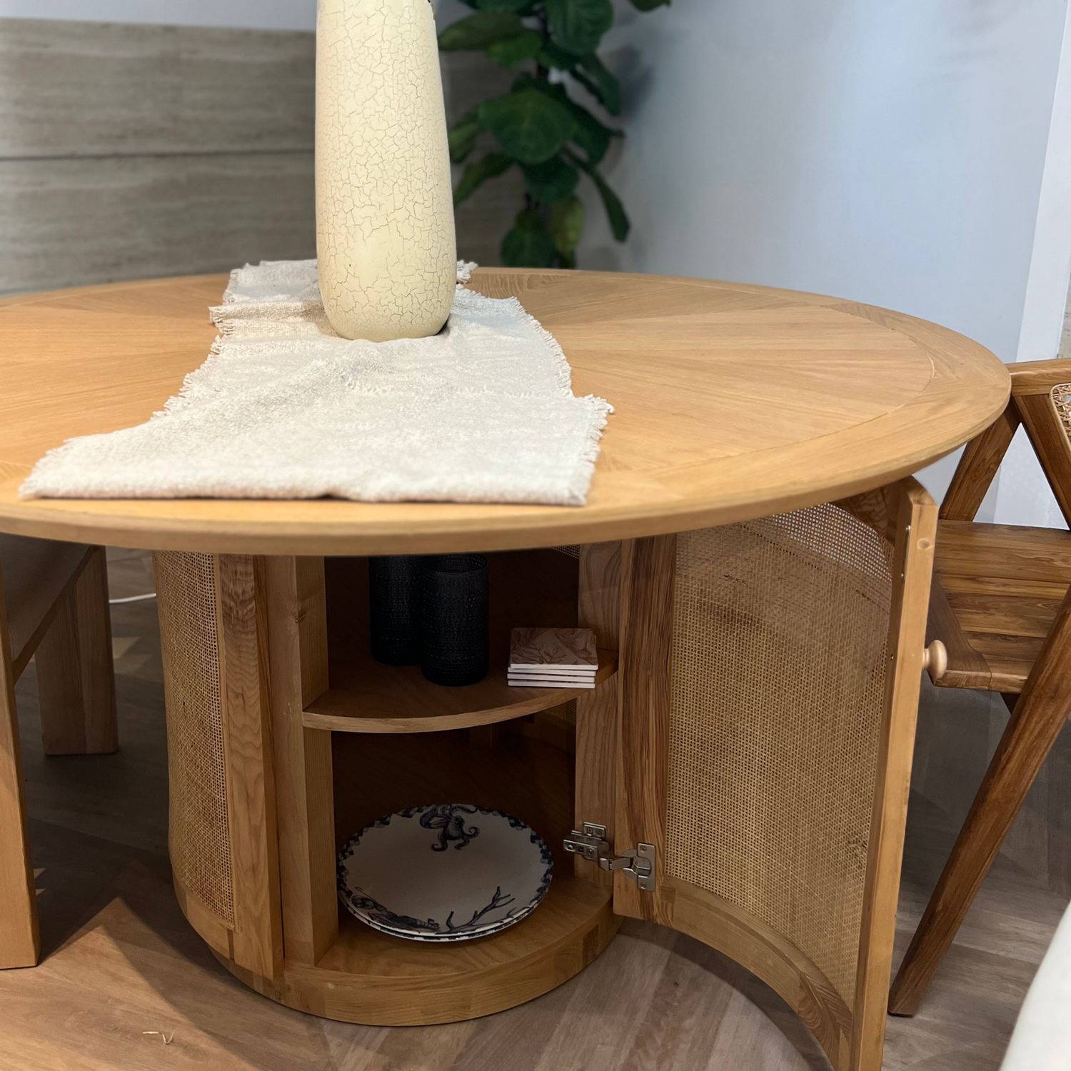 Évora Wood &amp; Rattan Round Dining Table with Storage - Ready to Ship