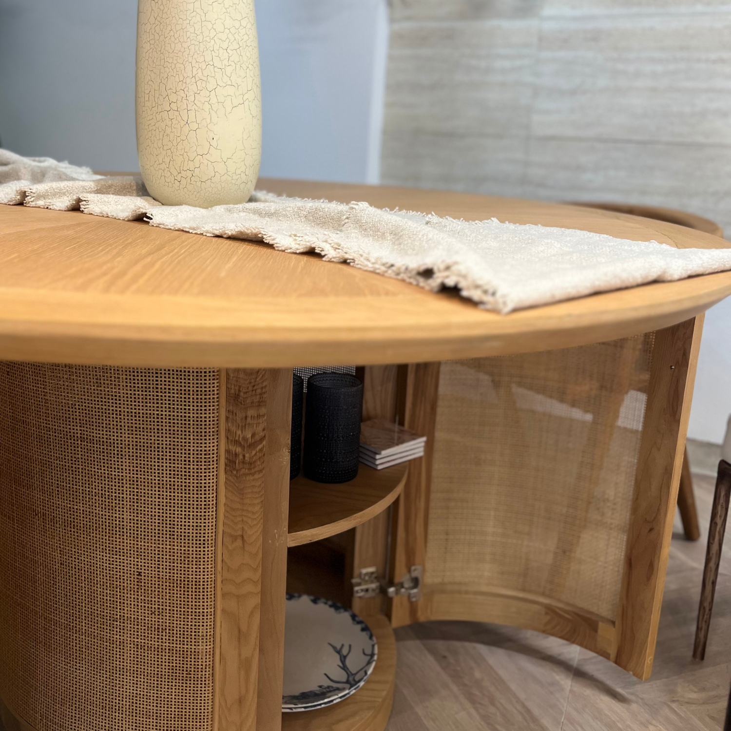 Évora Wood &amp; Rattan Round Dining Table with Storage - Ready to Ship