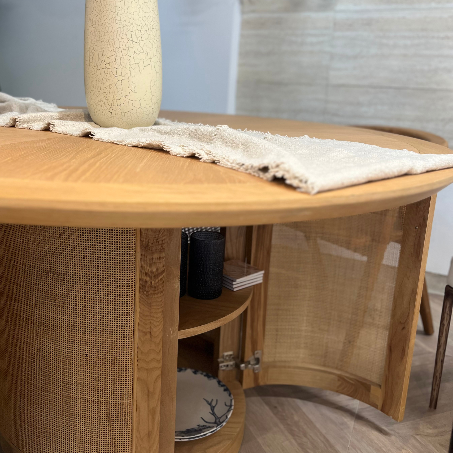 Évora Wood &amp; Rattan Round Dining Table with Storage - Ready to Ship