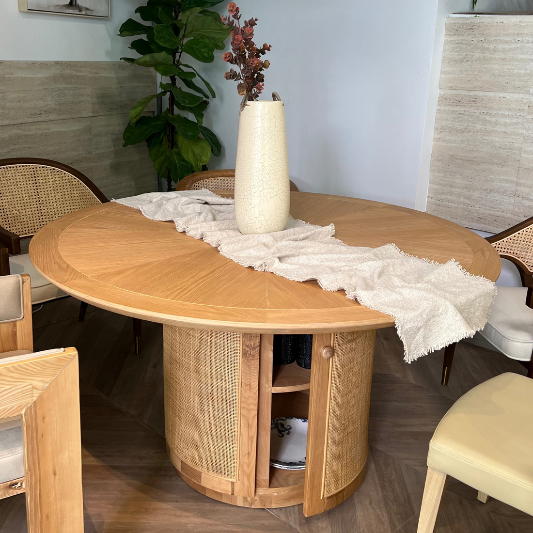 Évora Wood &amp; Rattan Round Dining Table with Storage - Ready to Ship