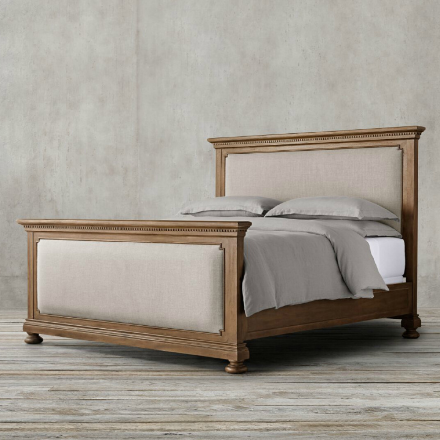 Indulge in royal luxury with our Chateau du Loir Royal Bed. Crafted from wood oak &amp; rebound sponge, wrapped in linen. Available in natural, beige, black, &amp; walnut colors in King, Queen, Double &amp; Single sizes. Transform your bedroom into a sanctuary of opulence and relaxation with this elegant and sturdy bed.